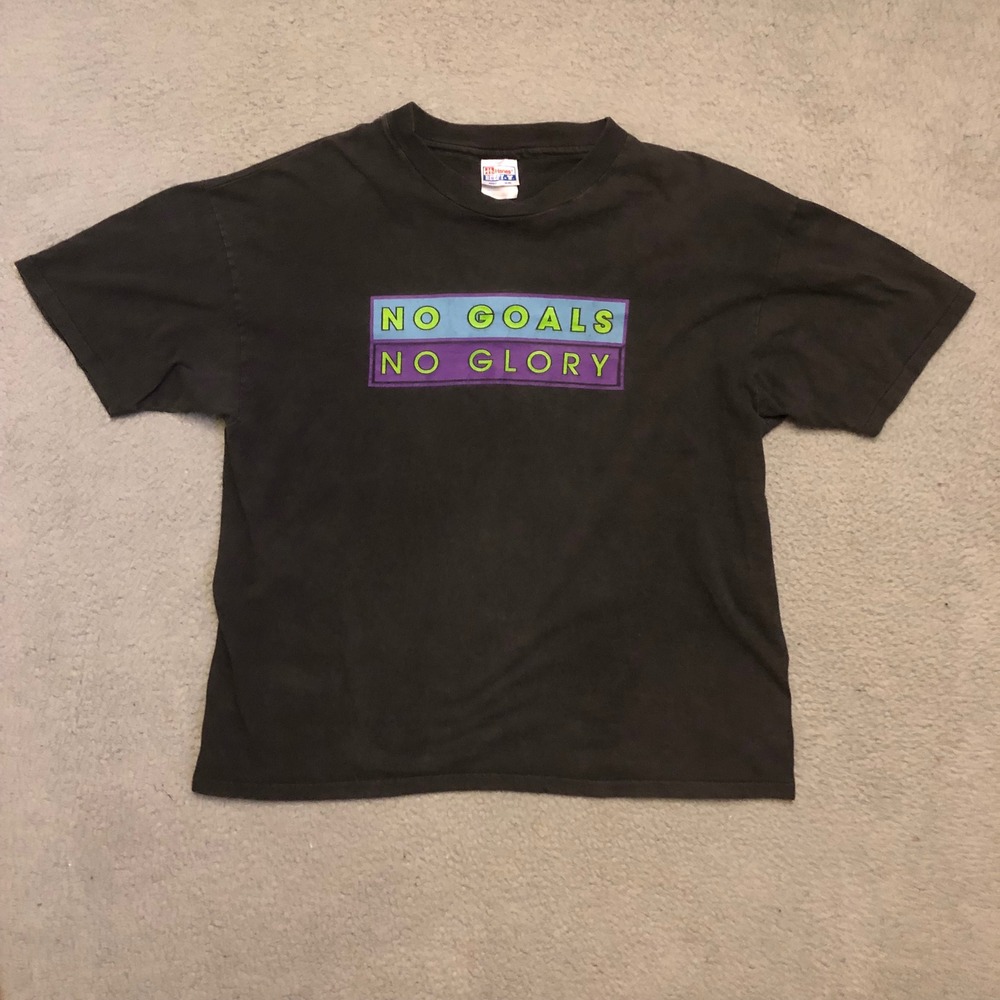 Vtg Single Stitch No Goals No Glory Graphic T-Shirt Mens XL Black 90s Boxy Faded